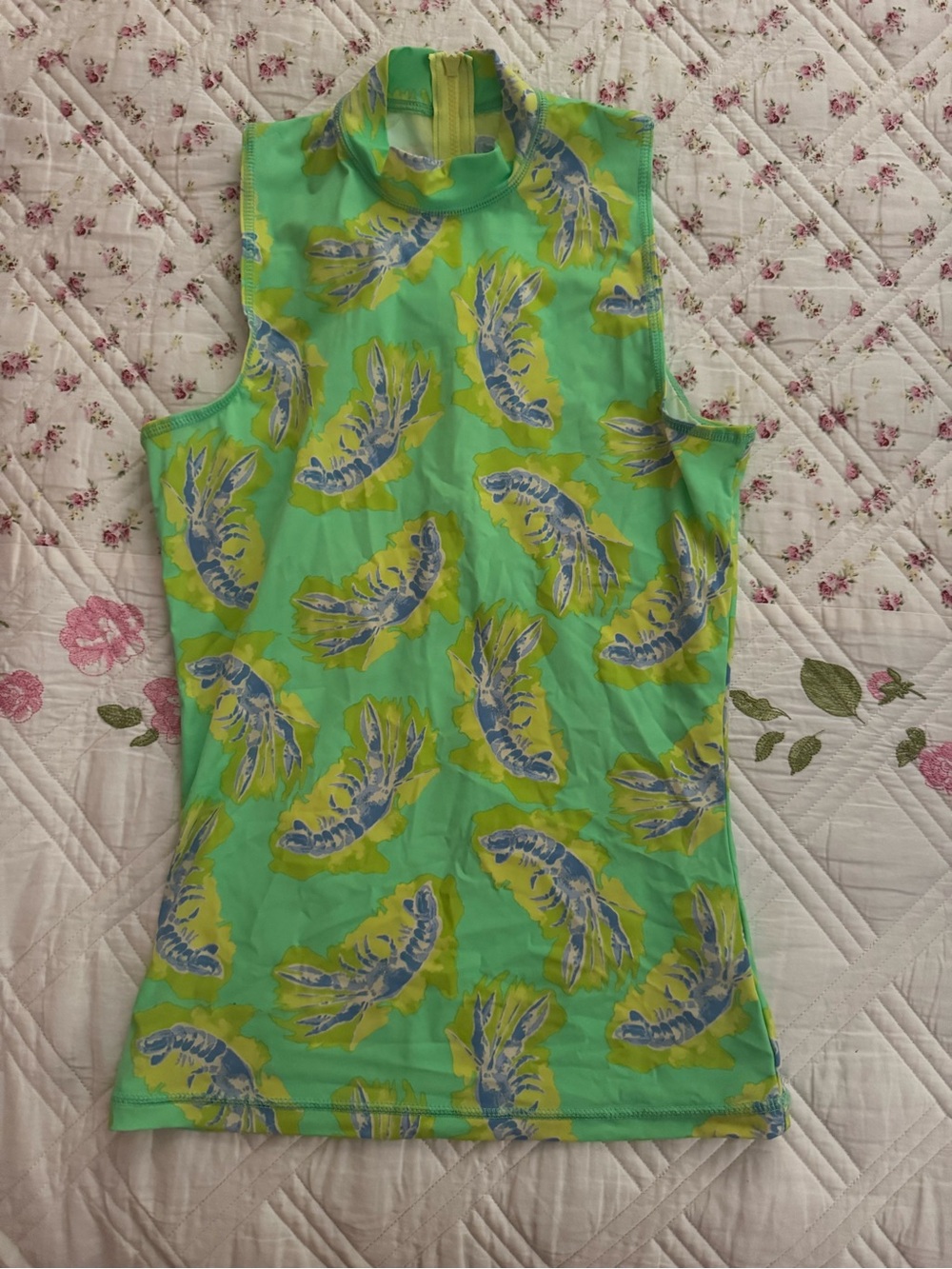 J.CREW RASH GUARD SWIM Sleeveless Green Feather-Print Mock Neck Top XS